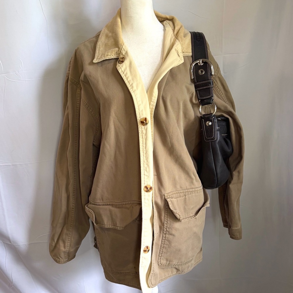 Vintage Tan Canvas Barn Coat Corduroy Collar Utility Chore Jacket Large Tan